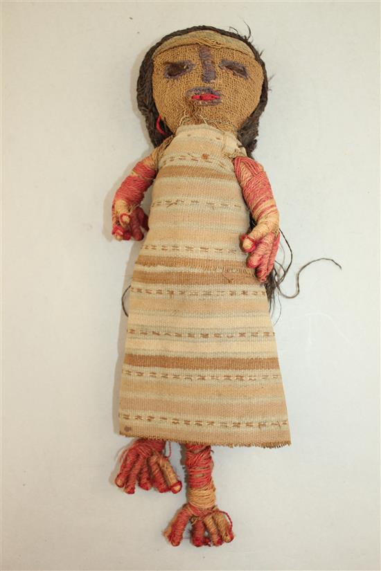 A Peruvian Chancay woven cloth doll, believed to be pre-Columbian in origin, 12in.